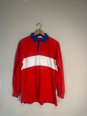Vintage 90s Claiborne Colorblock Heavyweight Rugby Shirt Red White Blue